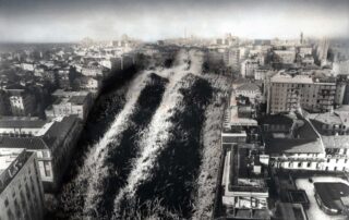 Francesco Somaini, Milano dall’alto (vista n. 2), 1980, fotomontaggio. Courtesy Archivio Francesco Somaini / Fondazione Francesco Somaini Scultore ETS.