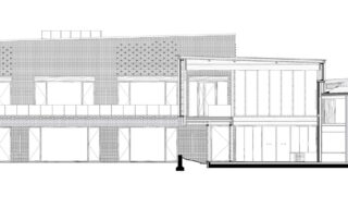 HEMAA architects, J. Prévert Public Services Center, Évry-Courcouronnes, France. West-East Section – North Elevation.